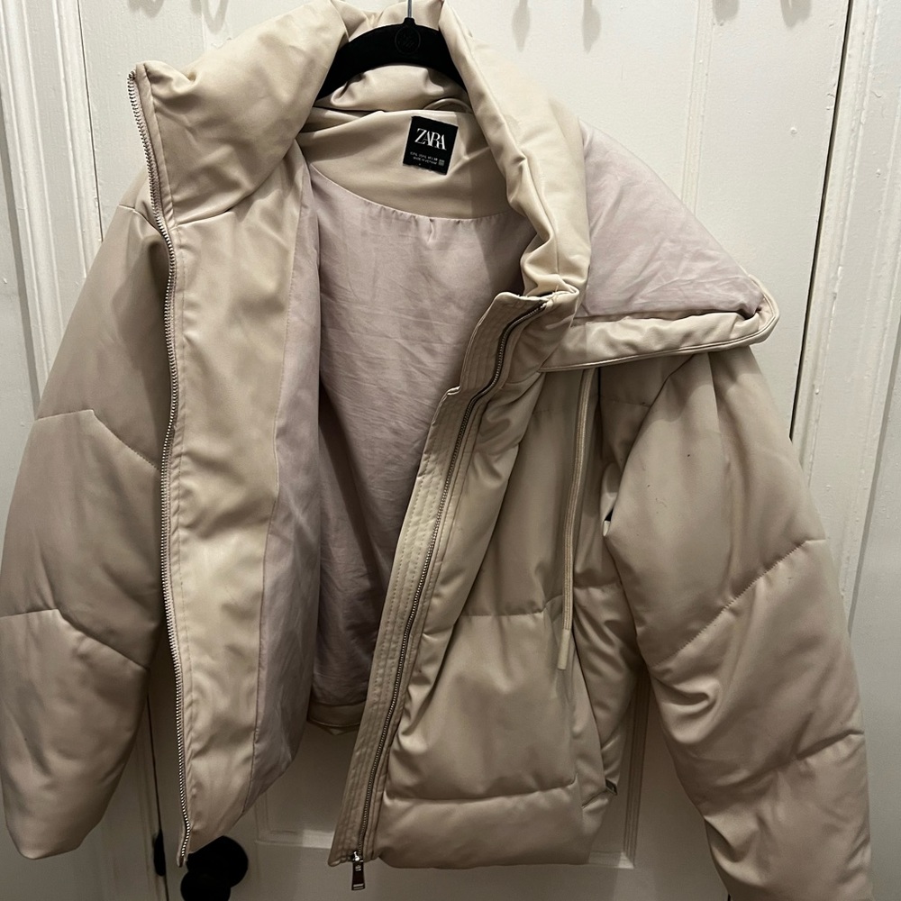 ZARA white leather puffer jacket